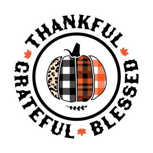 Thankful Grateful Blessed Orange Plaid Leopard Pumpkin Fall T-Shirt