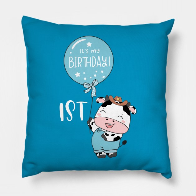 Cute baby cow boy 1st birthday Pillow by bellofraya