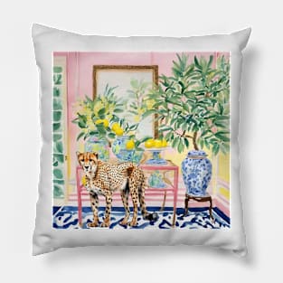 Cheetah in chinoiserie interior with lemon tree Pillow