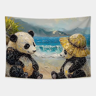 Two Pandas on the Beach Tapestry