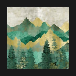 Green and Golden Textured Marbled Mountains with Trees T-Shirt