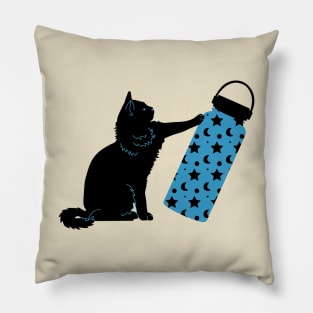 Black cat and blue water bottle Pillow