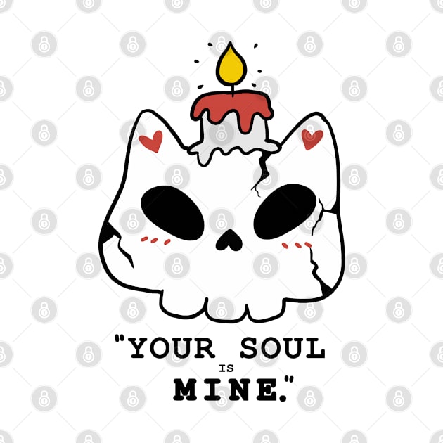 cute skull cat with candle black and white doodle Halloween your soul is mine by Janatshie