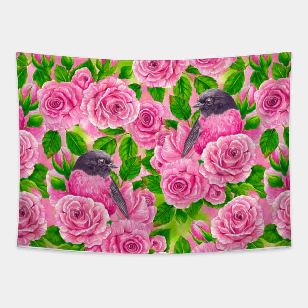 Pink Robin and roses Tapestry by katerinamk