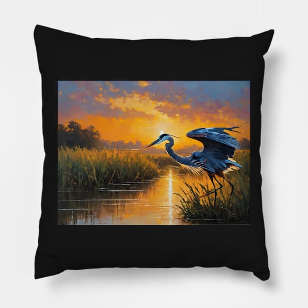 Blue Heron in a Marsh Pillow by ToochArt