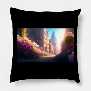 City street with beautiful flowers Pillow