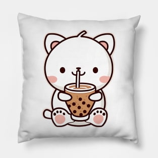 Cute Bear Drinking Bubble Tea Cartoon Boba Drawing Pillow