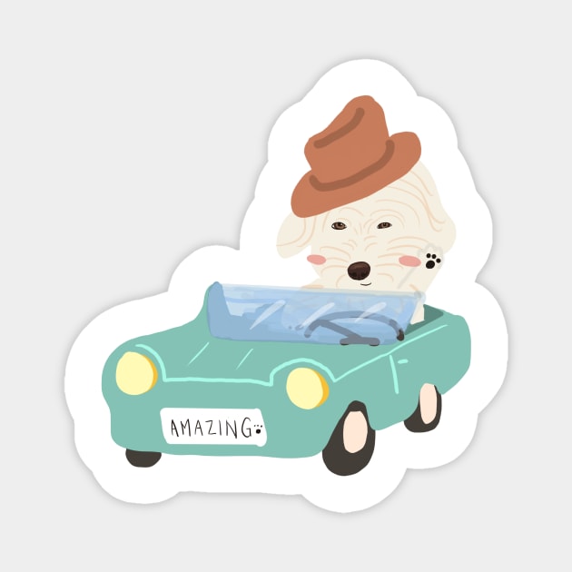 Maltipoo Dog Driving Retro Car Illustration Magnet by PatternbyNOK