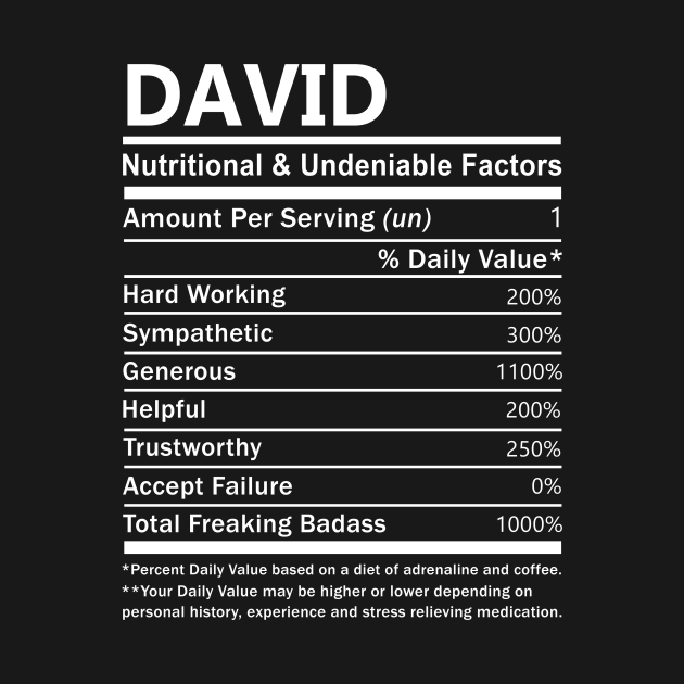 Disover David Name T Shirt - David Nutritional and Undeniable Name Factors Gift Item Tee - David - T-Shirt