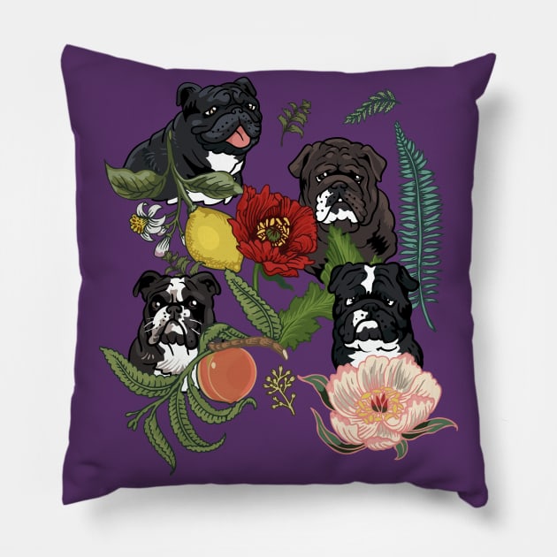 Botanical and Black English Bulldog Pillow by huebucket