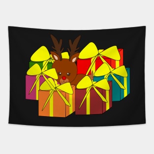 Cute reindeer hiding behind Christmas gifts Tapestry