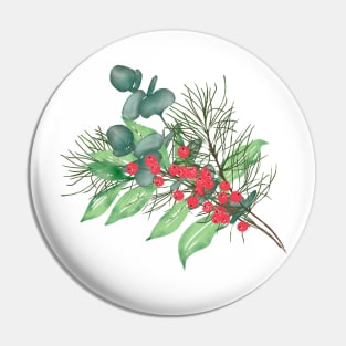 Cute Watercolor Winter Green Foliage red berries Pin