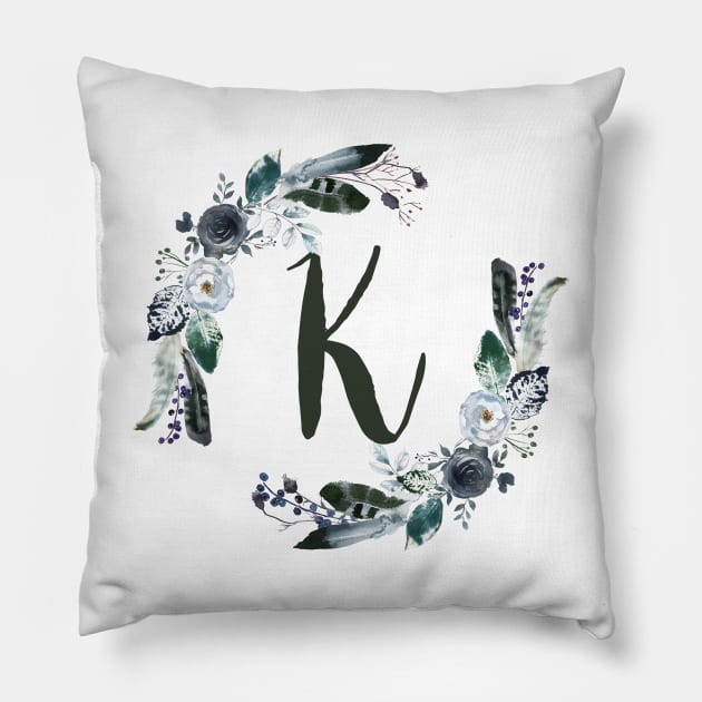 Floral Monogram K Dark Bohemian Flora Pillow by floralmonogram