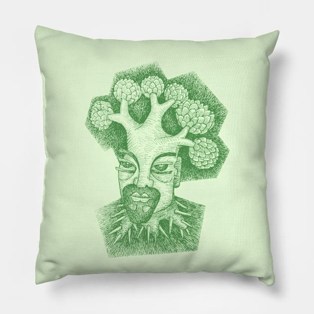 Forest God Soul Expression with Side Profile of a Man and His Head with Leafy Tree Branches Hand Drawn Illustration with Pen and Ink Cross Hatching Technique 3 Pillow by GeeTee