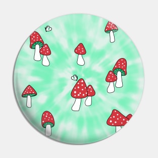 Aesthetic Red Hatted Mushrooms and Butterflies on a Green Tie Dye Background Pin