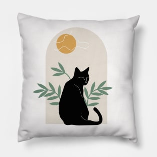 Вoho minimalist black cat with plants and sun Pillow