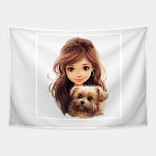 Cute girl with a puppy Tapestry