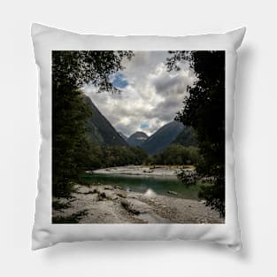 River with a View on a Mountain Framed by Trees Pillow