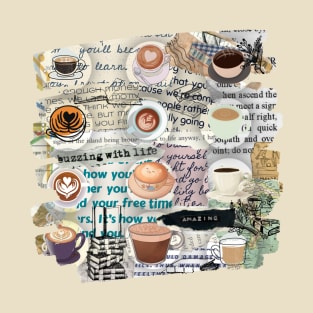 Coffee and reading - A collage of coffee cups books and torn pages T-Shirt