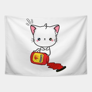 Funny White Angora Cat Spilled Hot Sauce Tapestry