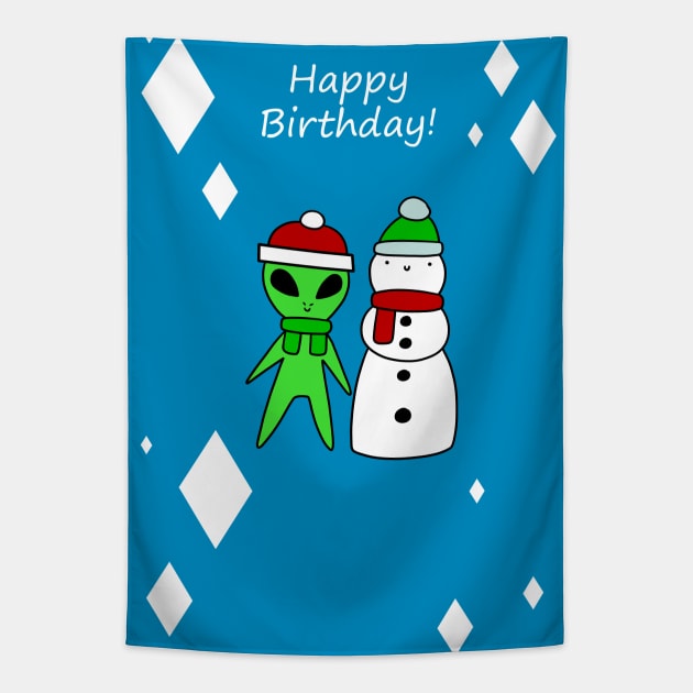 Happy Birthday - Alien and Snowman Tapestry by saradaboru