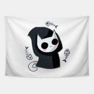 Cute grim reaper cat with fish Tapestry