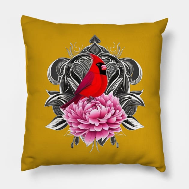 Cardinal Bird With Peony Color Indiana State Tattoo Art Pillow by taiche