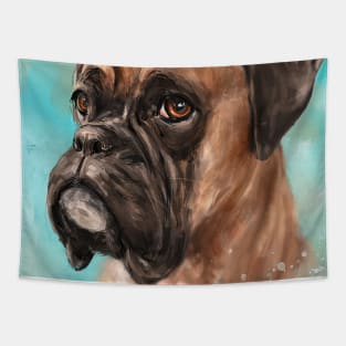 Painting of a Brown Coated Boxer Dog Looking Serious on Light Turquoise Background Tapestry