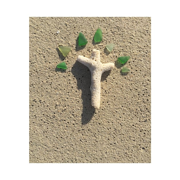 Cross in the Sand with Sea Glass by aldersmith