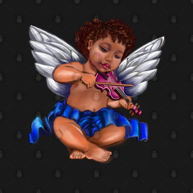 Black Angel playing the violin - Serene sun kissed curly haired Baby cherub angel classical art by Artonmytee