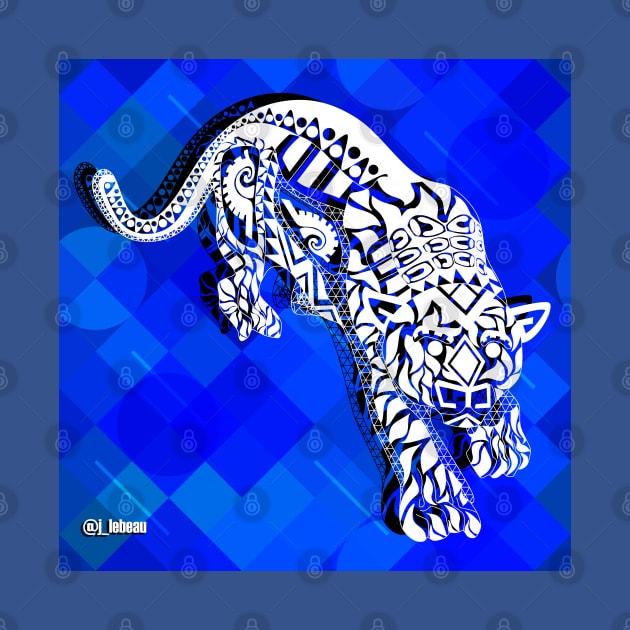 wild tiger in mandala ecopop jungle art in blue by jorge_lebeau