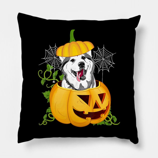 Funny Cute Pumpkin Halloween Dog Witch Pumpkin Husky Dog Pillow by JaydeMargulies