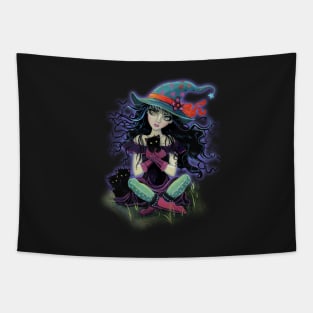 Kitten Witch Halloween Witch with Black Cats Tapestry