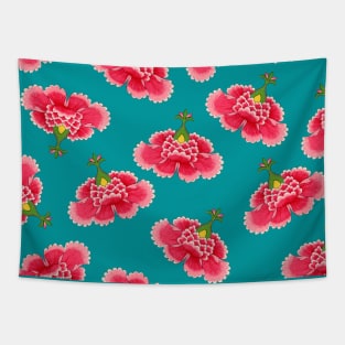 Chinese Vintage Pink and Red Flowers with Teal Blue - Hong Kong Traditional Floral Pattern Tapestry