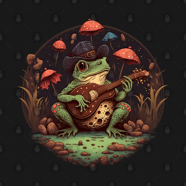 Cottagecore aesthetic cute frog playing ukelele on Mushroom by JayD World