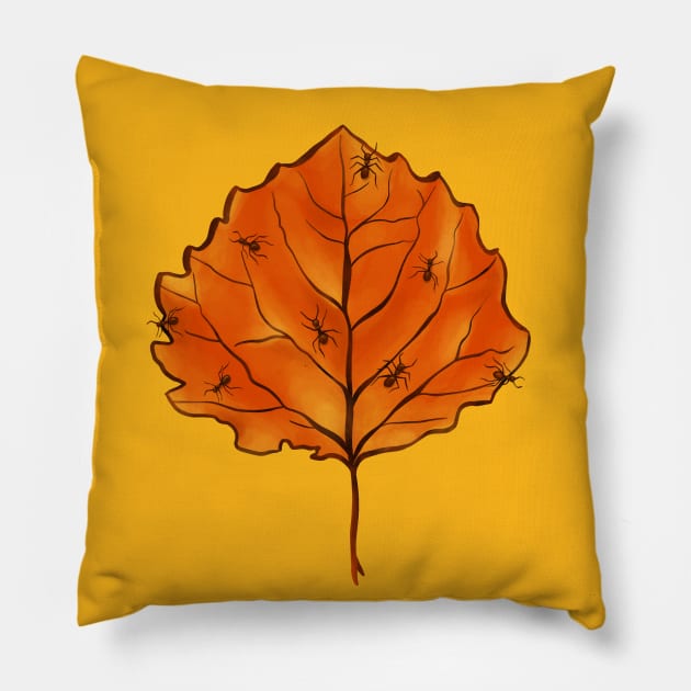 Autumn Leaf And Ants In Yellow Orange Pillow by Boriana Giormova