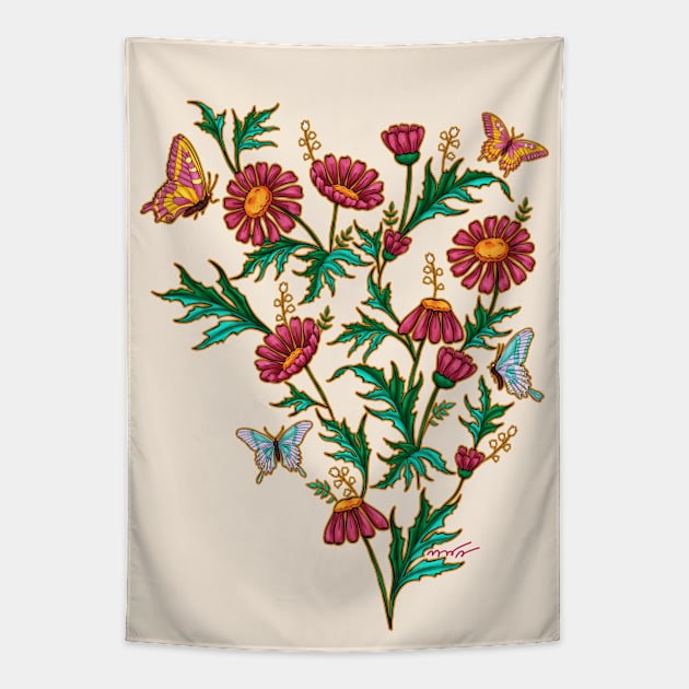 Bright bouquet of pink daisy flowers and colorful butterflies Tapestry by NadiaChevrel