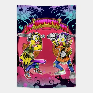 Super dope Slluks characters posing as gate guardian gods illustration Tapestry