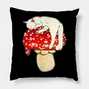 Cute White Cat Sleeping On Red Spotted Mushroom Pillow