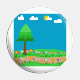 A meadow of flowers with a pine tree and sky and clouds Pin