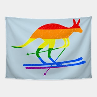 Skier Kangaroo Skiing Fun Winter Sports Rainbow Flag Gift Tapestry