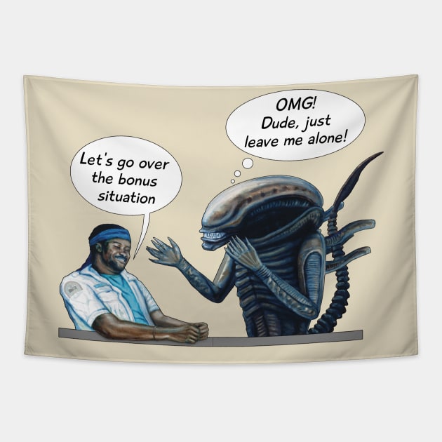 Xenomorph and Parker. Alien (1979) parody print Tapestry by SPACE ART & NATURE SHIRTS 