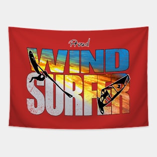 Proud Windsurfer Jumping Sunset Colors over Ocean Waves Tapestry