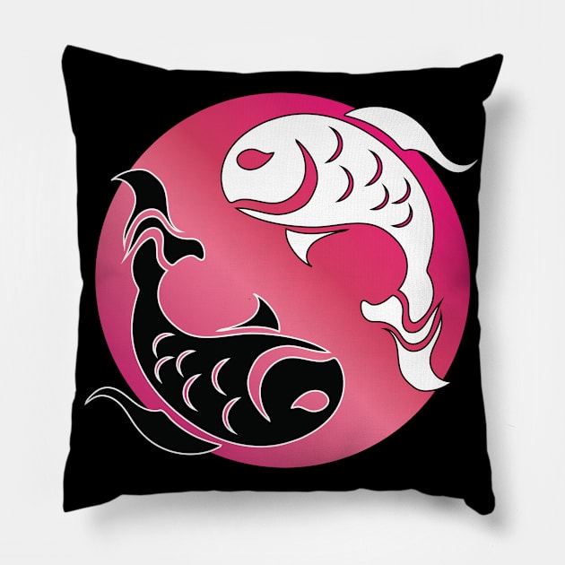 Yin and Yang Tribal style fish, pink Pillow by Designs by Darrin