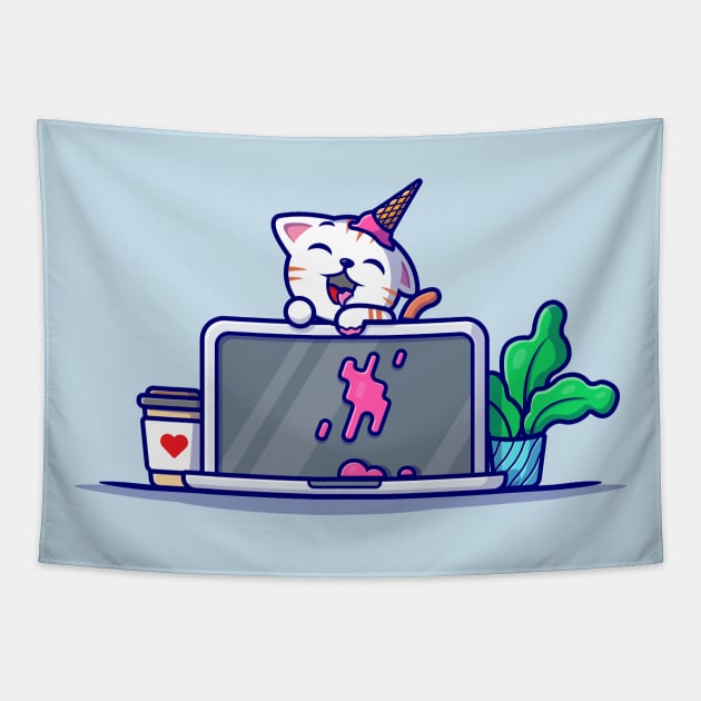 Cat With Laptop Cartoon Vector Icon Illustration Tapestry by Catalyst Labs