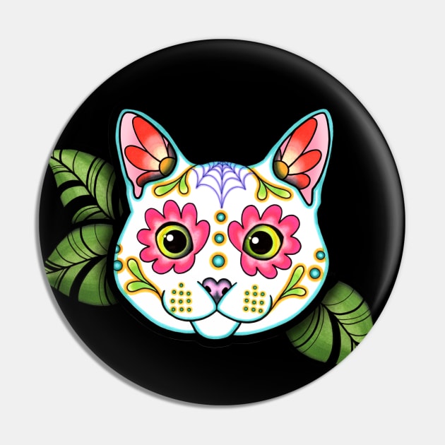 White Cat - Day of the Dead Sugar Skull Kitty Pin by prettyinink