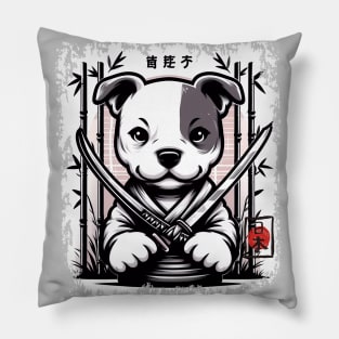 cute Pitbull katana Japanese letters forest bamboo Pillow