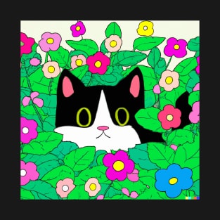 Cute Cartoon Tuxedo Cat Hiding in Flower Bed T-Shirt