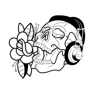 Music Skull head w/ headphones and Rose T-Shirt