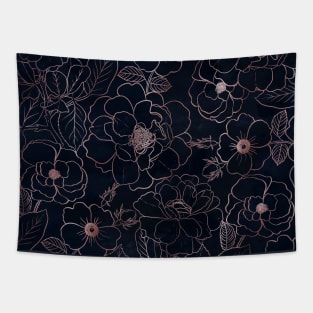 Elegant Blue Rose Gold Roses Floral Line art Tapestry